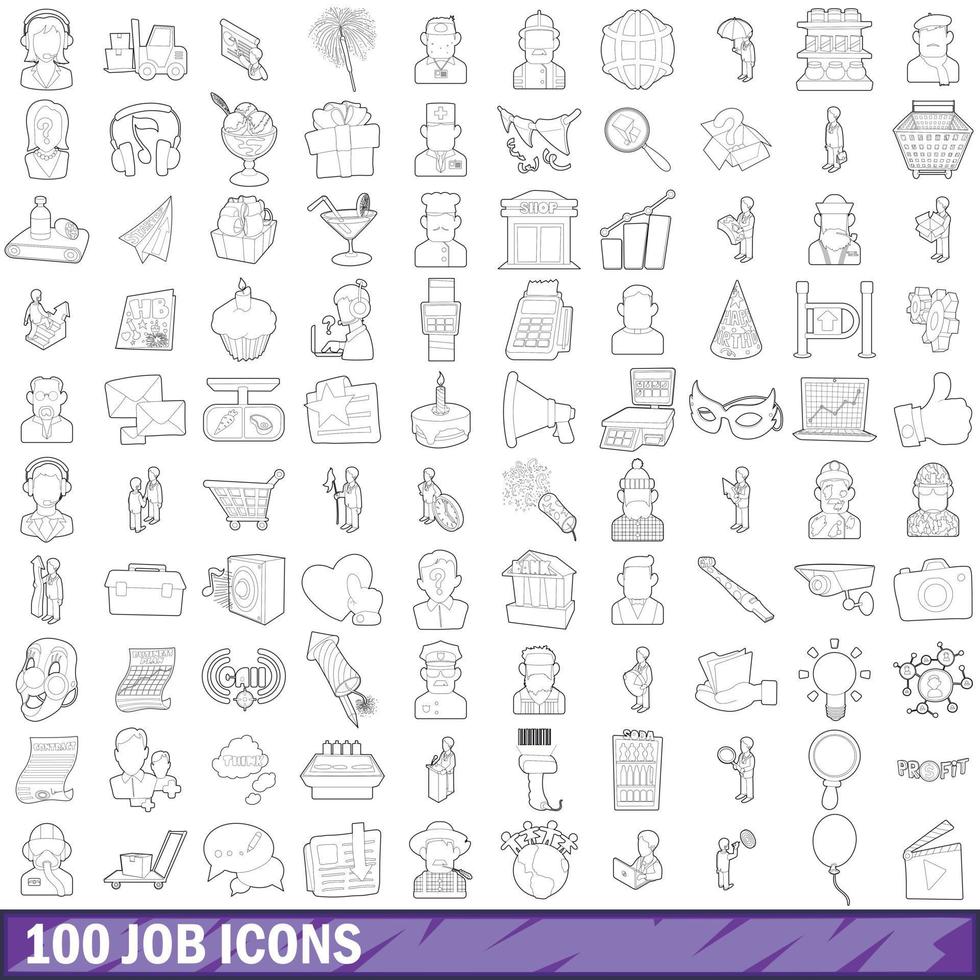 100 conjunto de iconos de trabajo, estilo de contorno vector