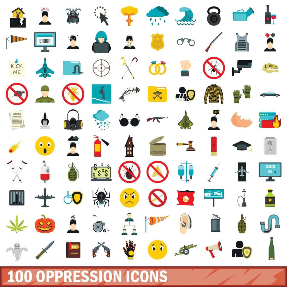 100 oppression icons set, flat style vector