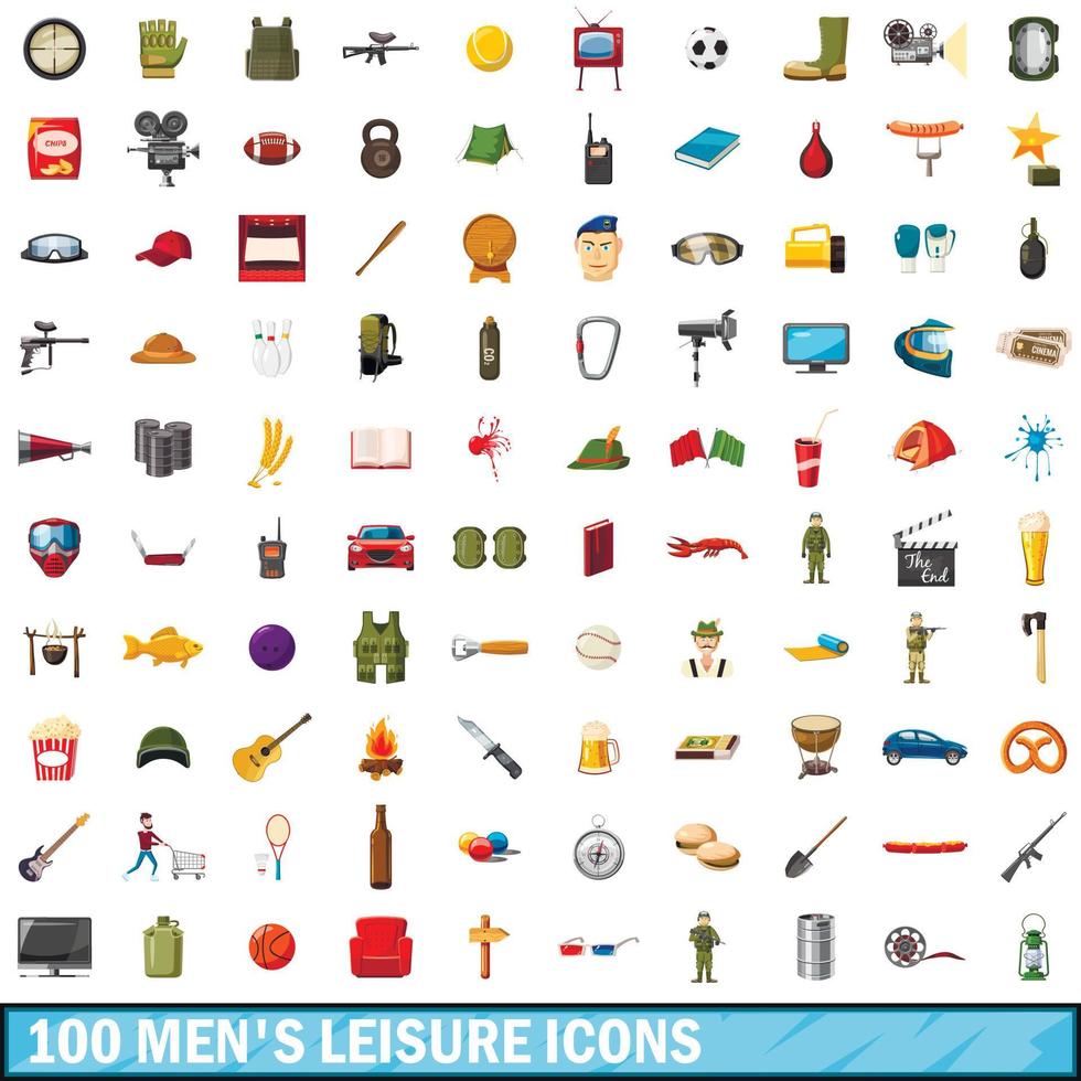 100 men leisure icons set, cartoon style vector