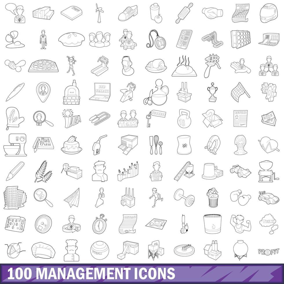 100 management icons set, outline style vector