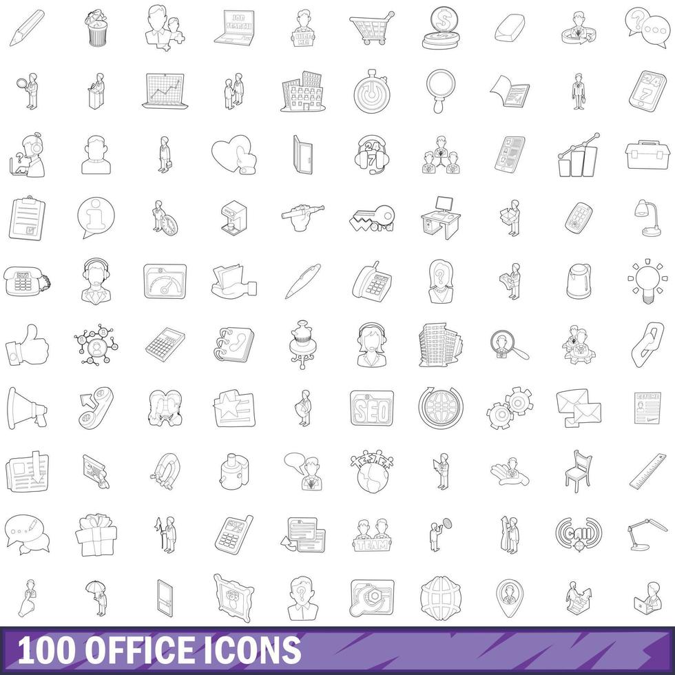 100 iconos de oficina establecidos, estilo de esquema vector