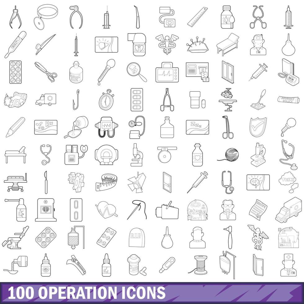 100 operation icons set, outline style vector