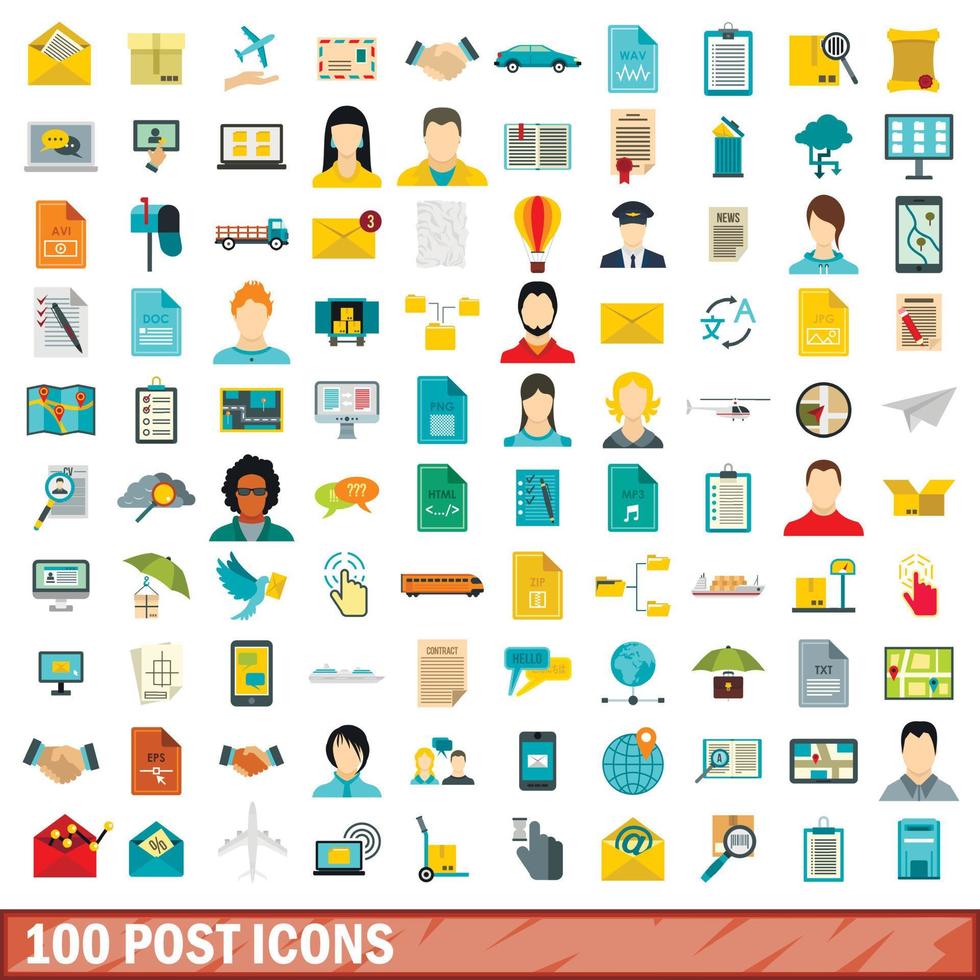 100 post icons set, flat style vector