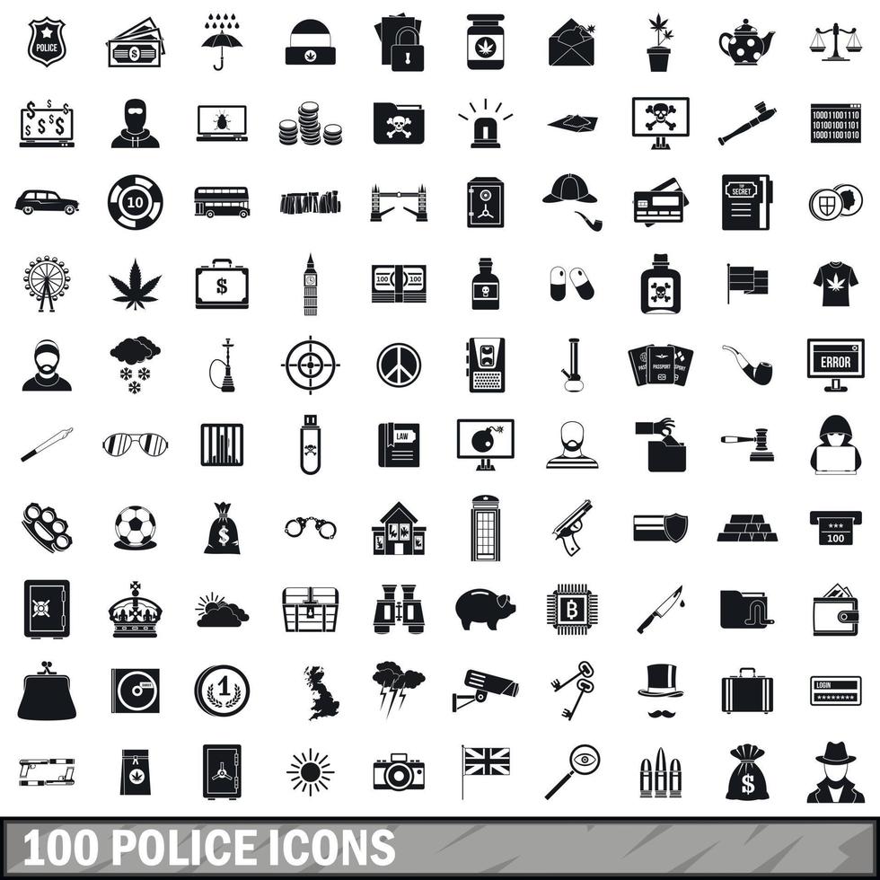 100 police icons set, simple style vector