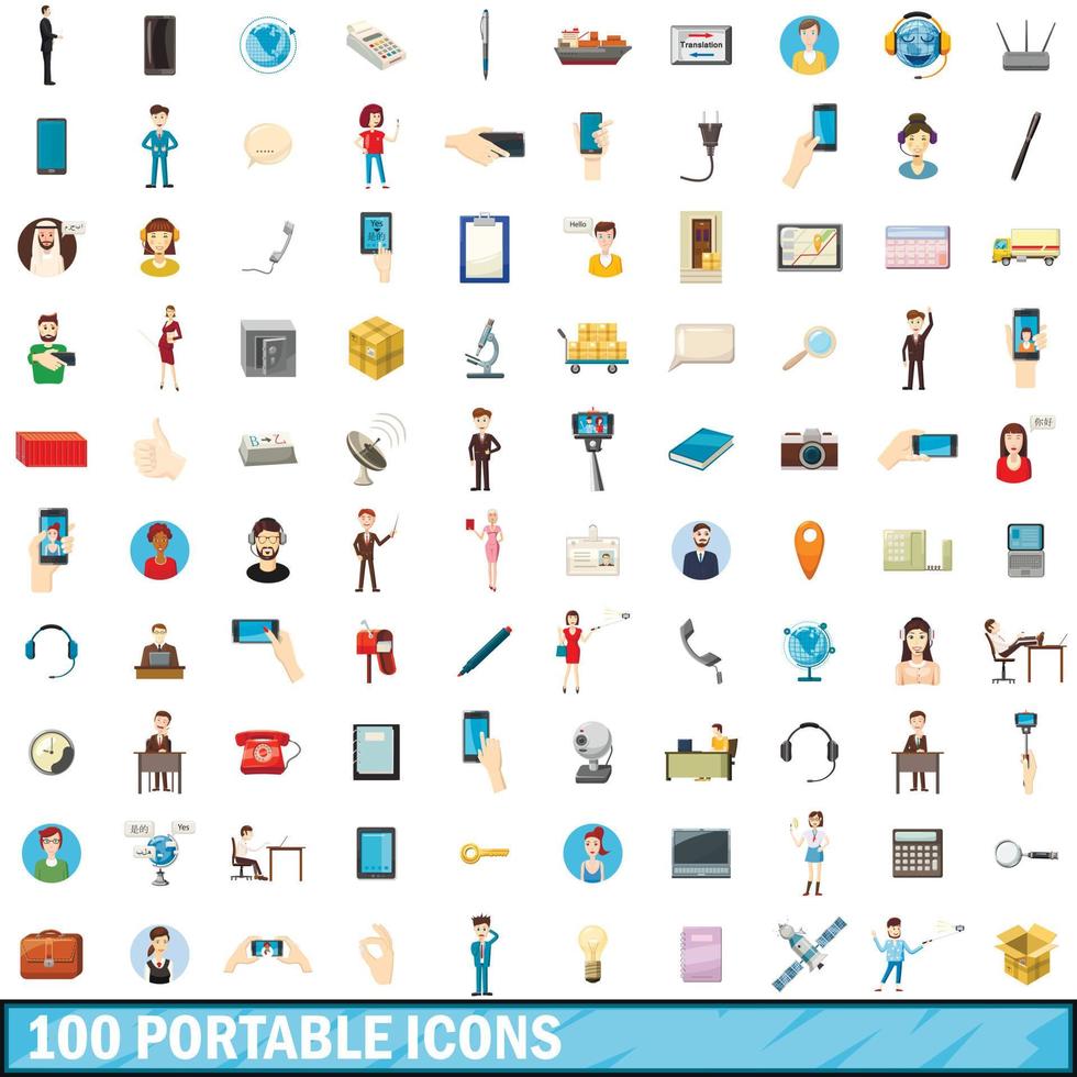 100 iconos portátiles, estilo de dibujos animados vector