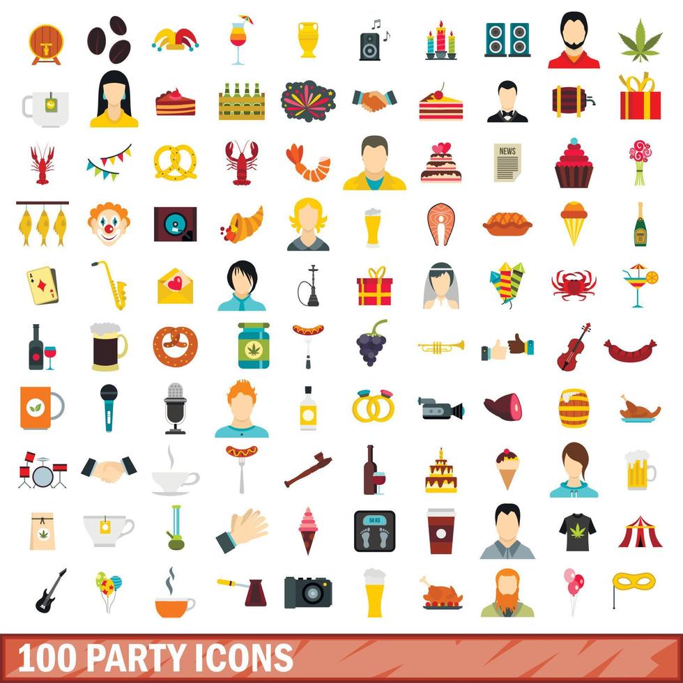 100 party icons set, flat style vector