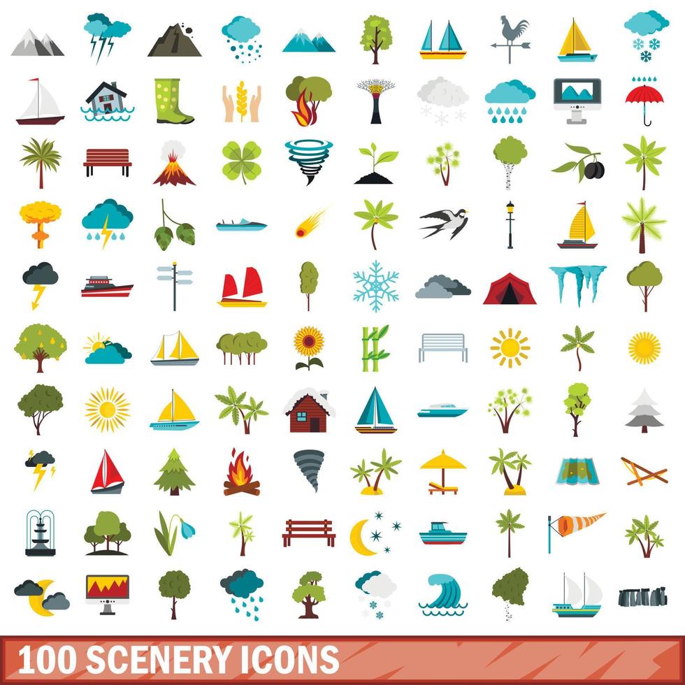 100 scenery icons set, flat style vector