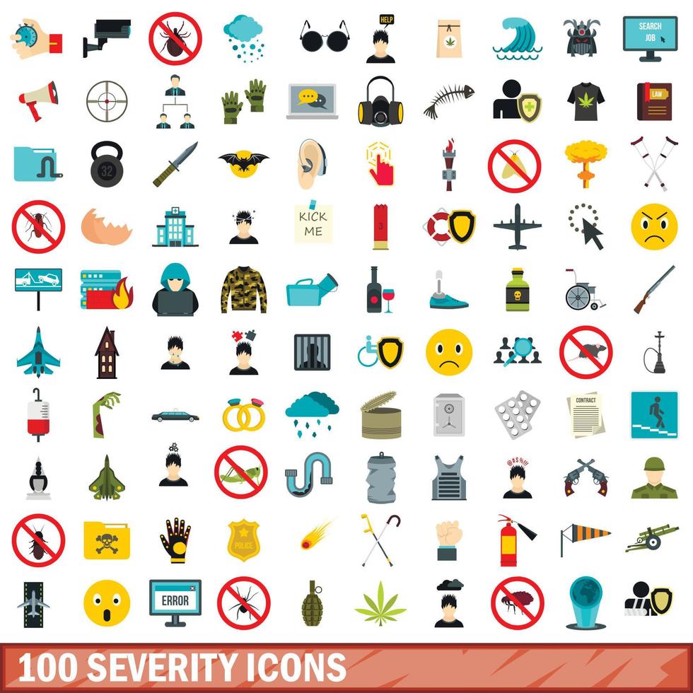 100 severity icons set, flat style vector