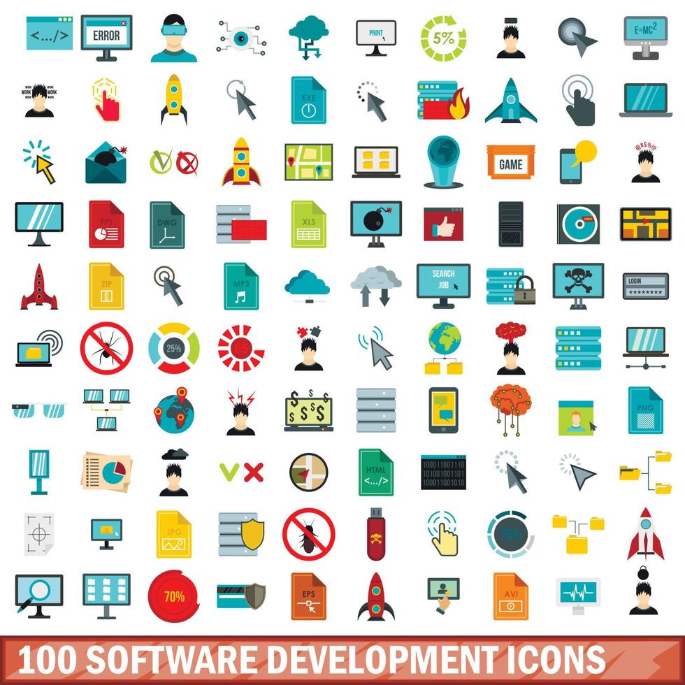 100 software development icons set, flat style vector