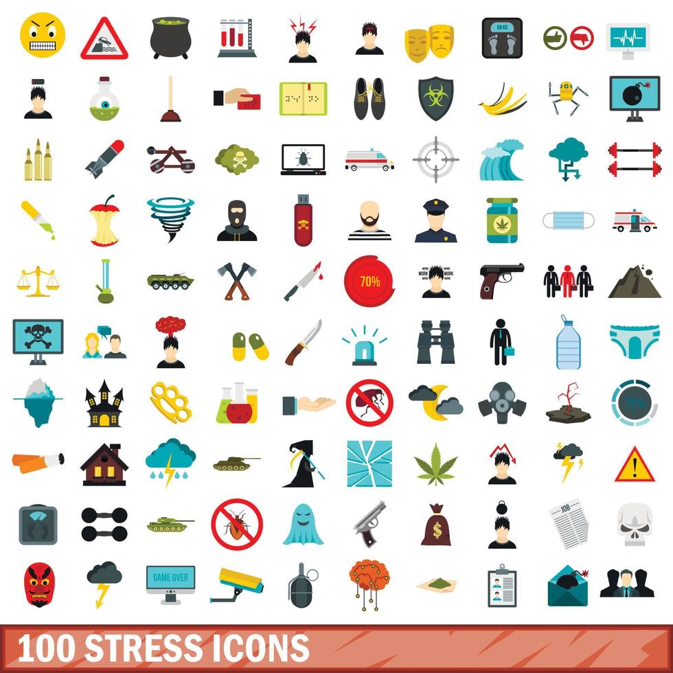 100 stress icons set, flat style vector