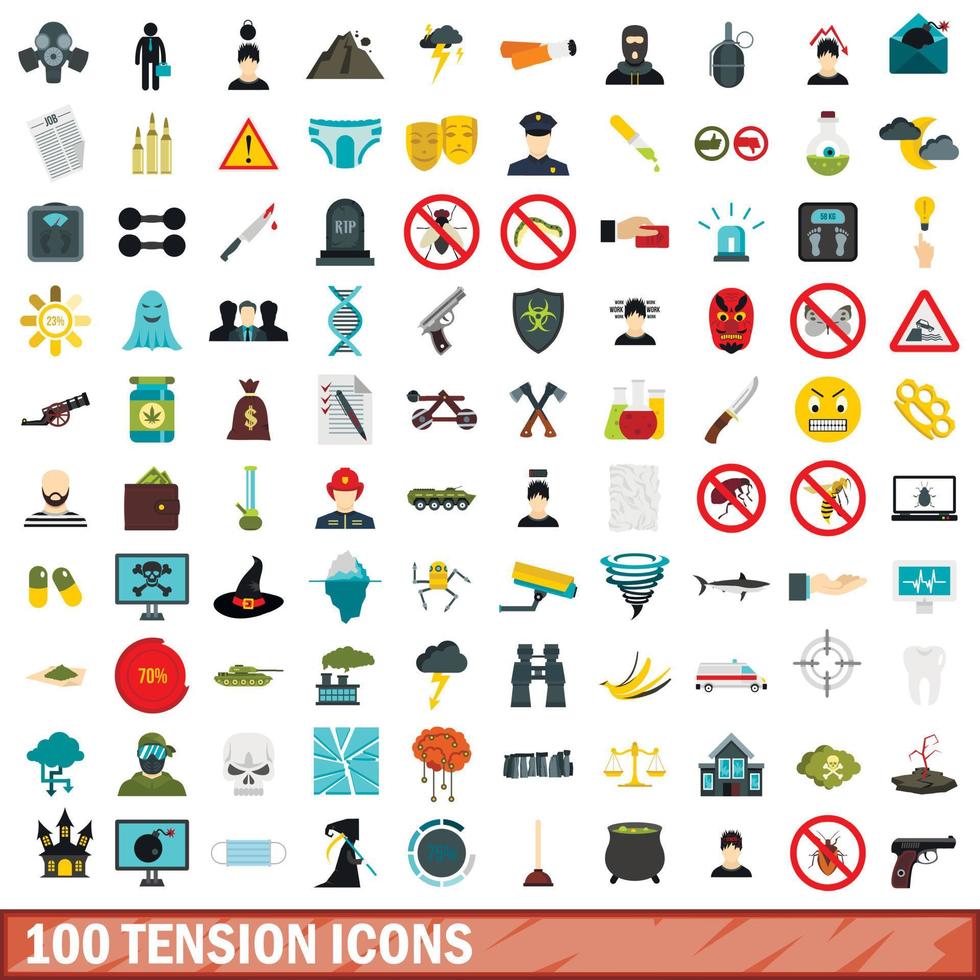 100 tension icons set, flat style vector