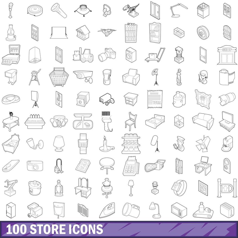 100 iconos de tienda establecidos, estilo de esquema vector