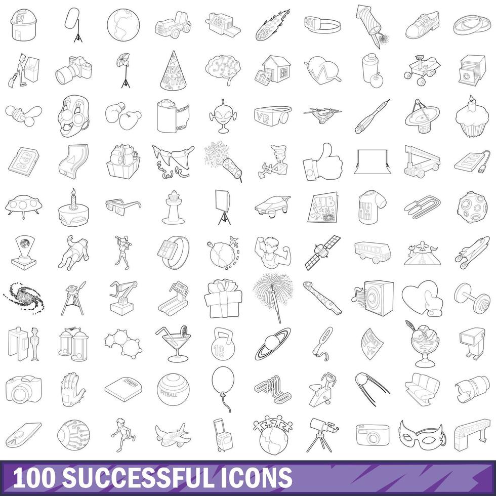 100 successful icons set, outline style vector