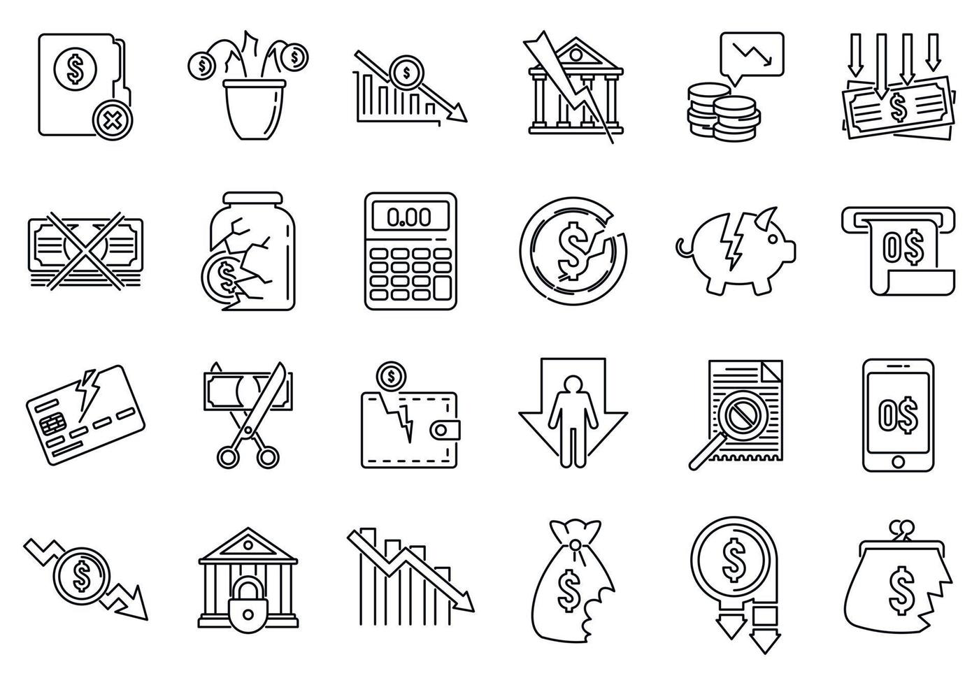 Bankrupt business icon set, outline style vector
