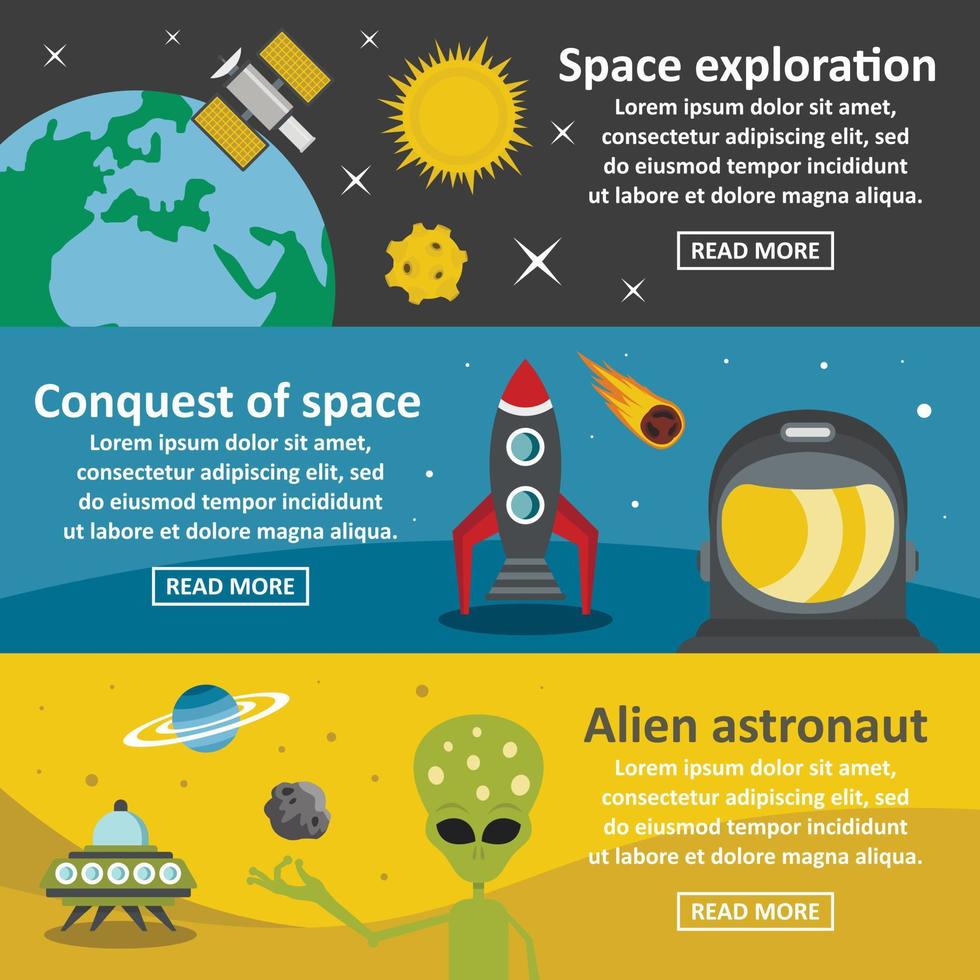 Space travel banner horizontal set, flat style vector
