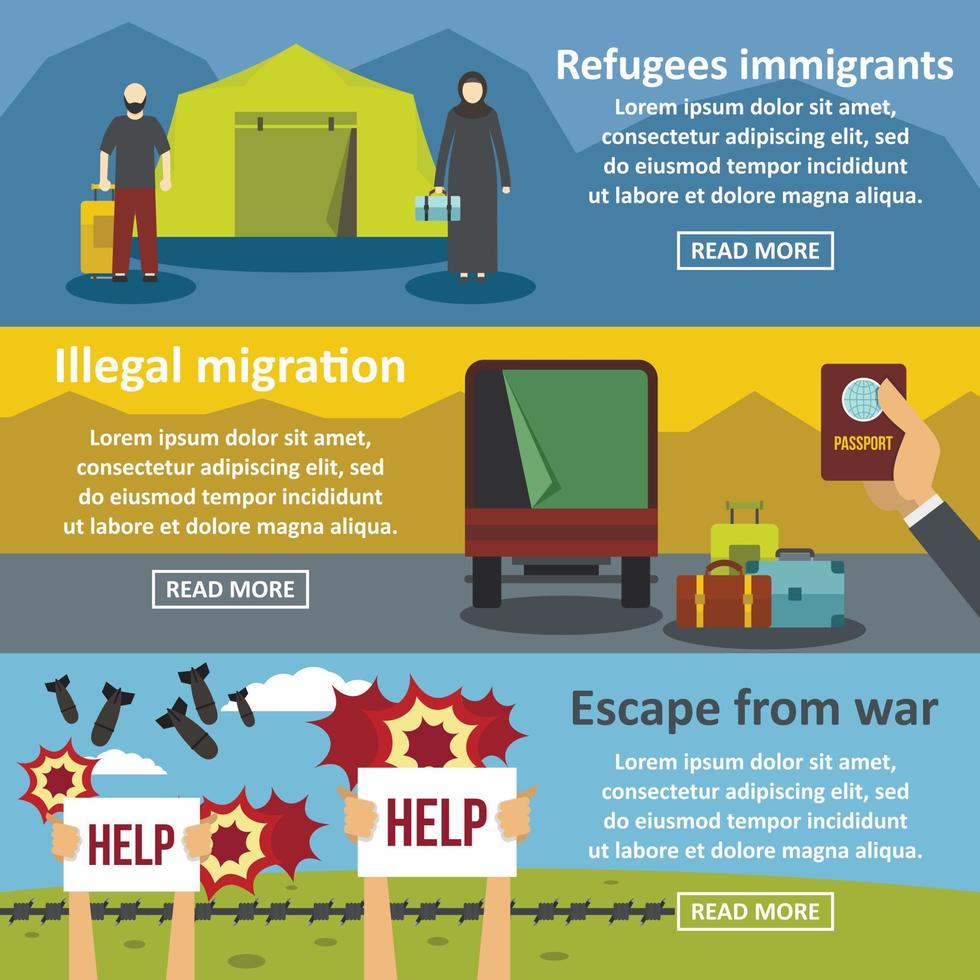 Refugees migrate banner horizontal set, flat style vector