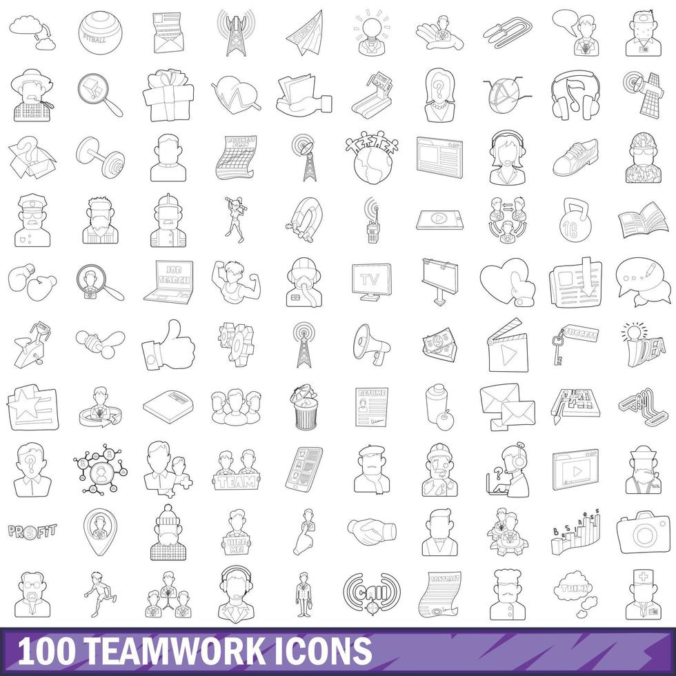100 teamwork icons set, outline style vector