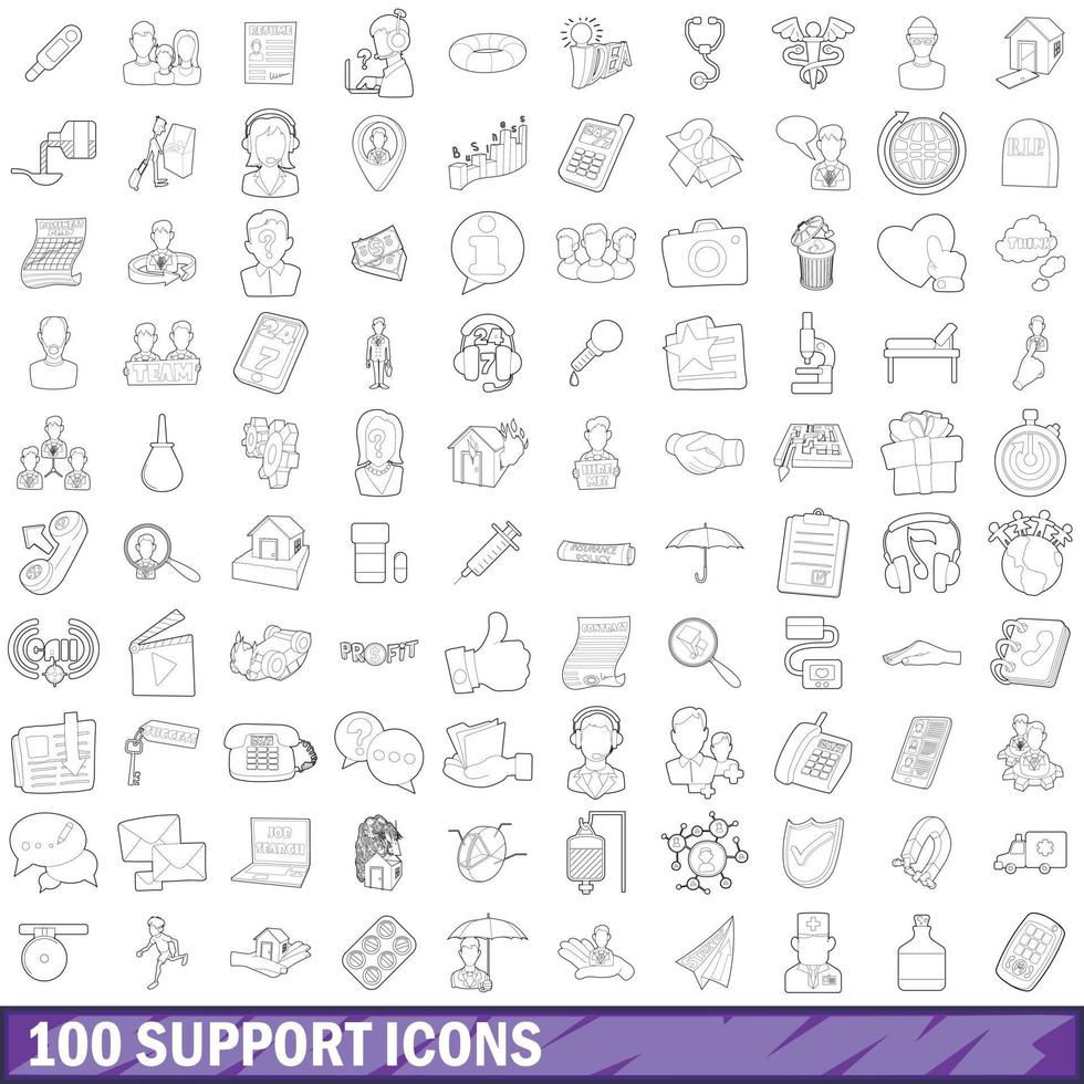 100 support icons set, outline style vector