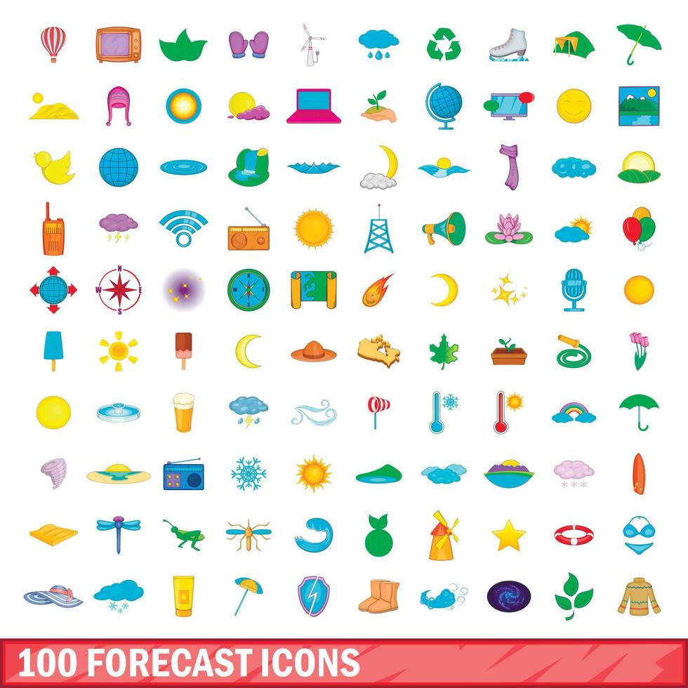 100 forecast icons set, cartoon style vector