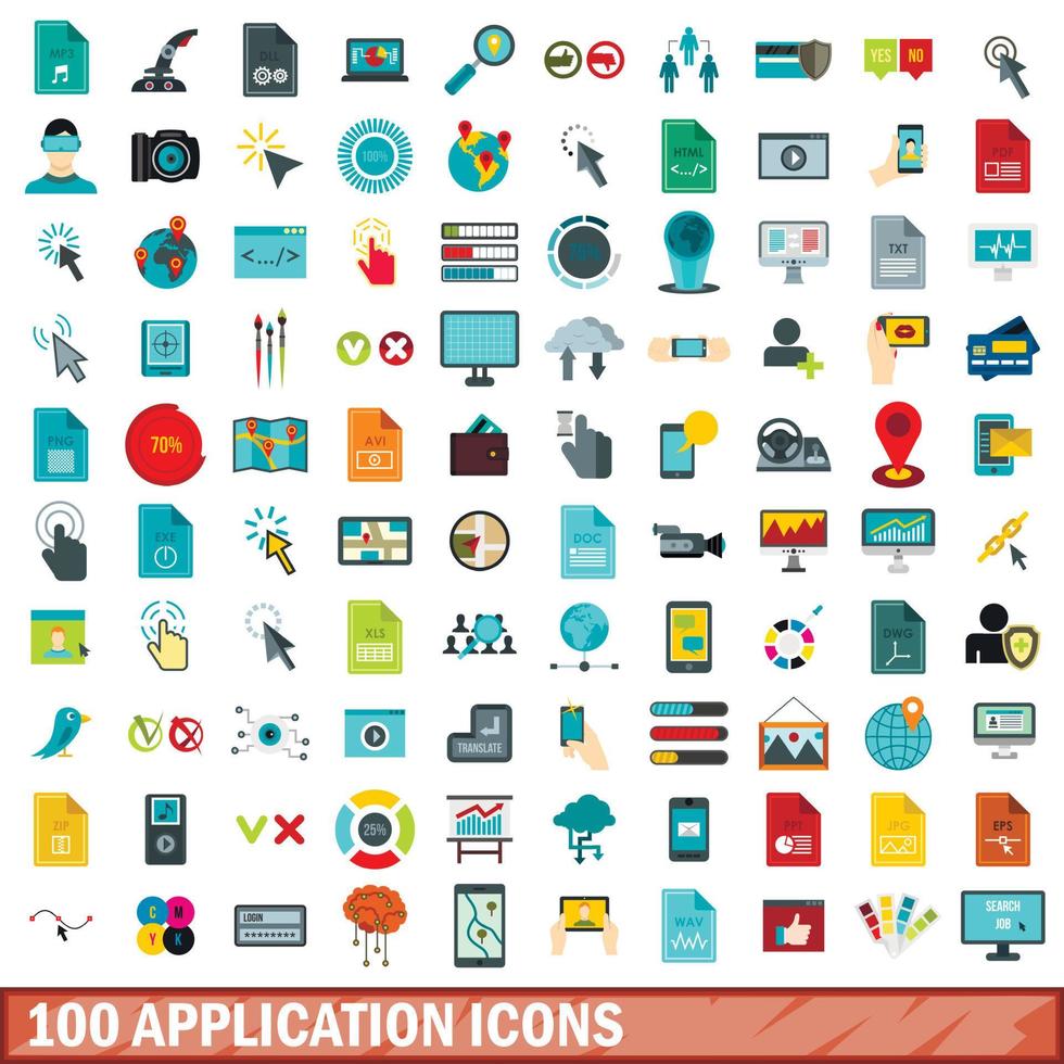 100 application icons set, flat style vector