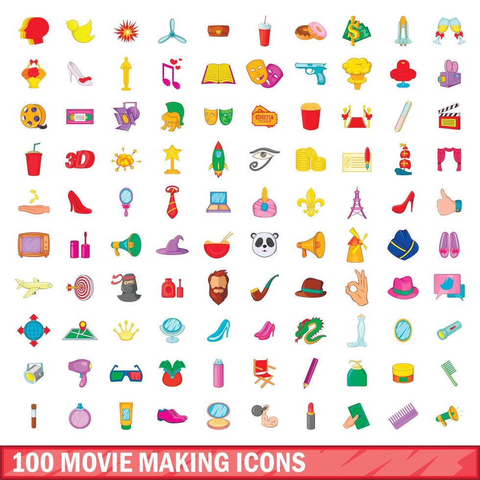 100 movie making icons set, cartoon style vector