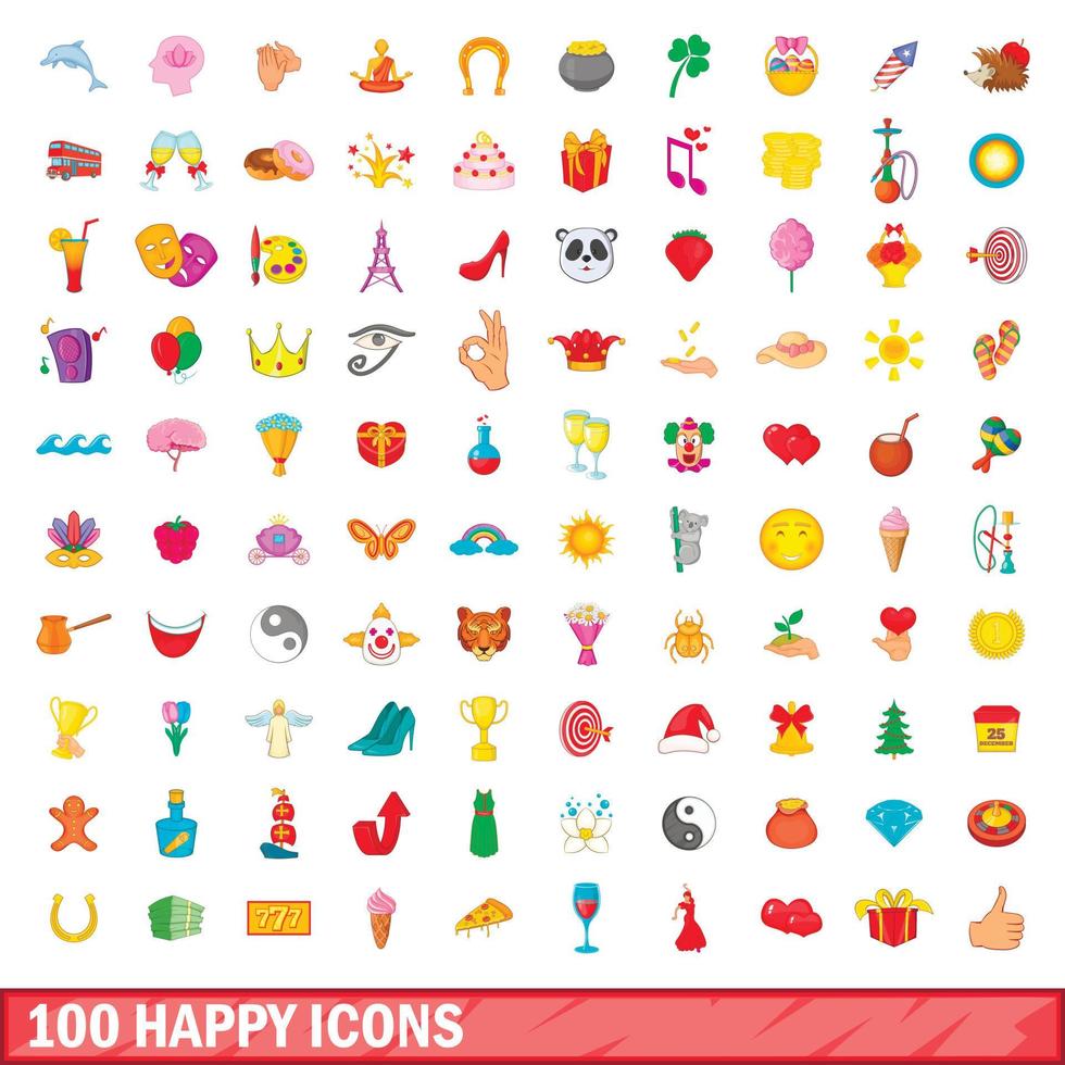 100 iconos felices, estilo de dibujos animados vector