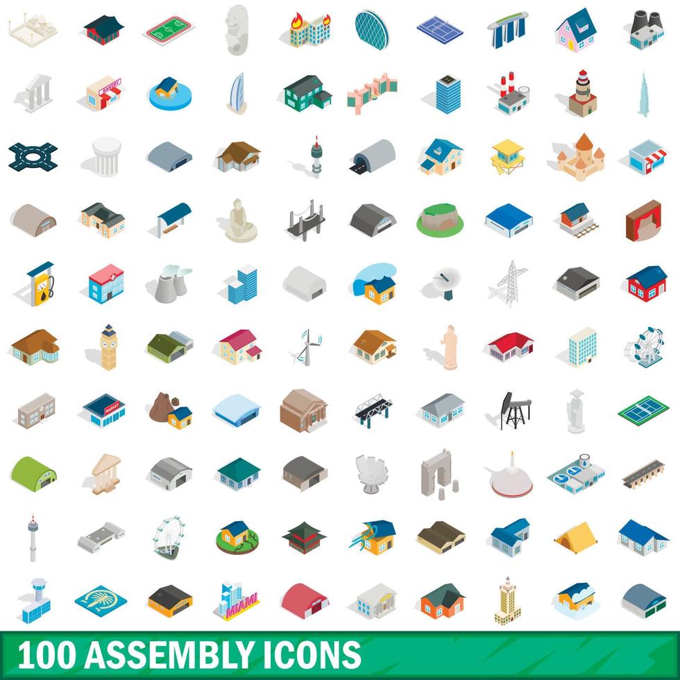 100 assembly icons set, isometric 3d style vector