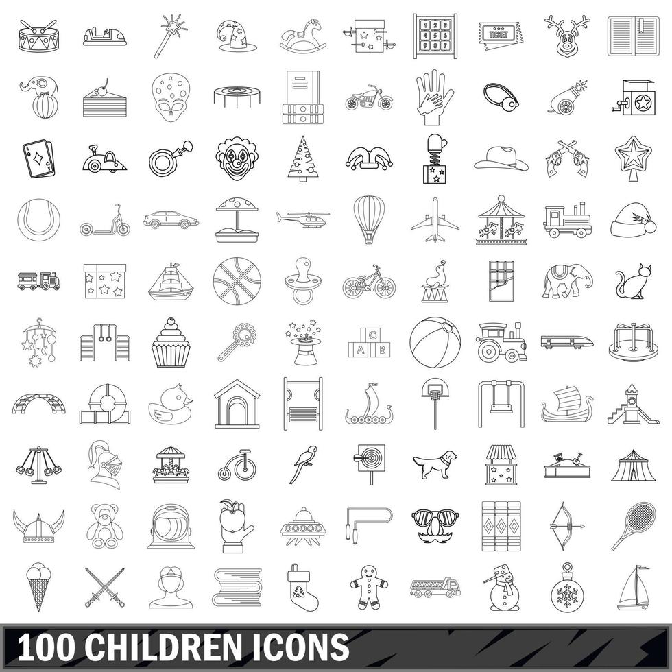 100 children icons set, outline style vector