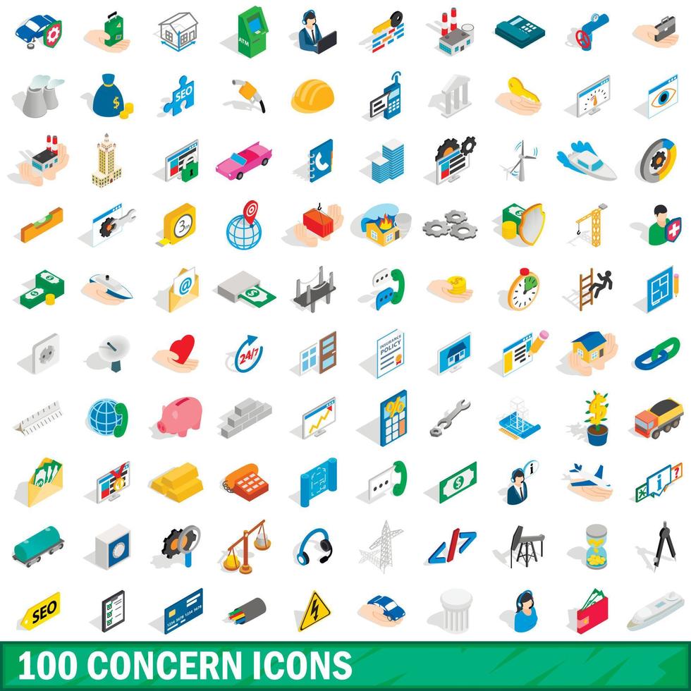 100 iconos de preocupación establecidos, estilo 3d isométrico vector