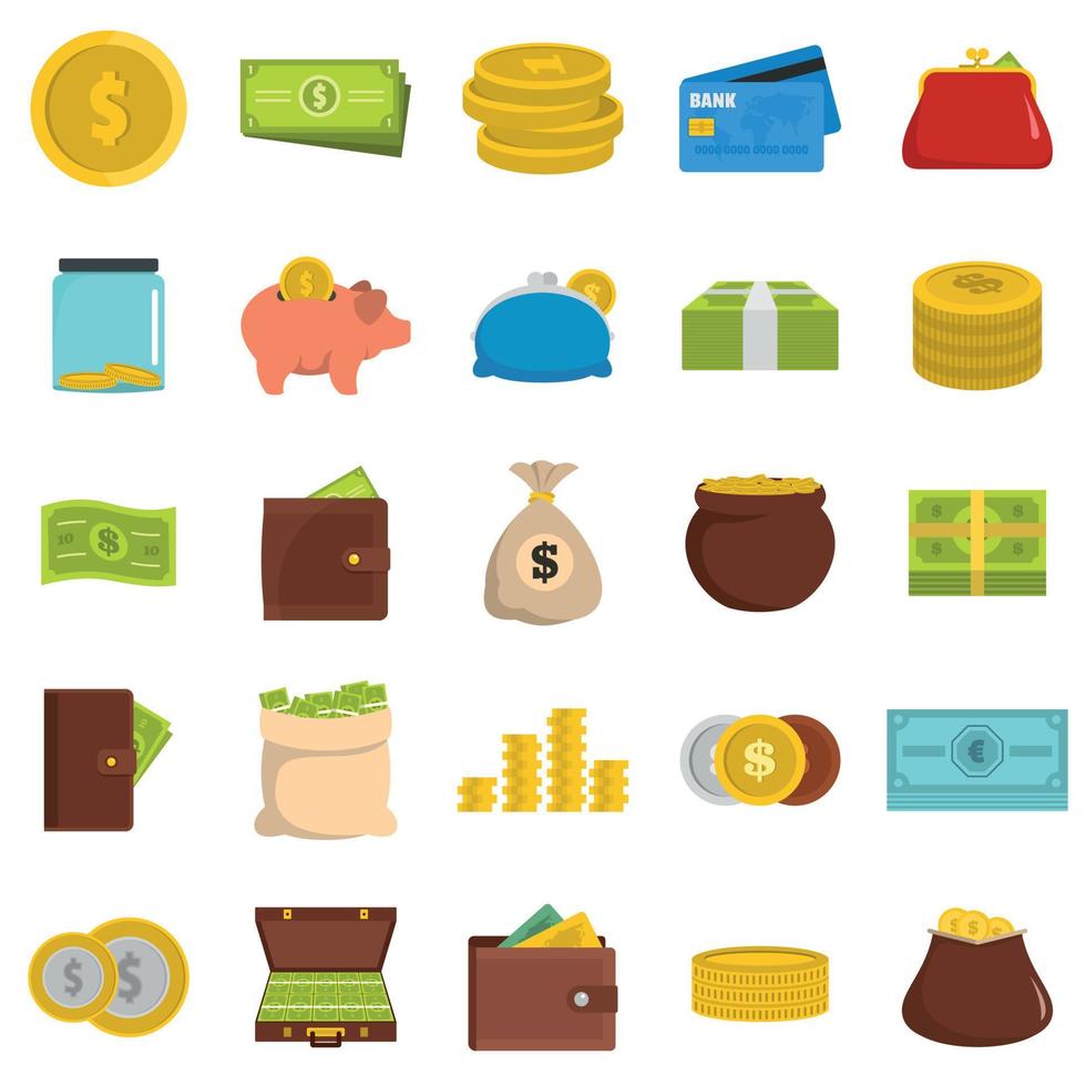 Money icons set, flat style vector