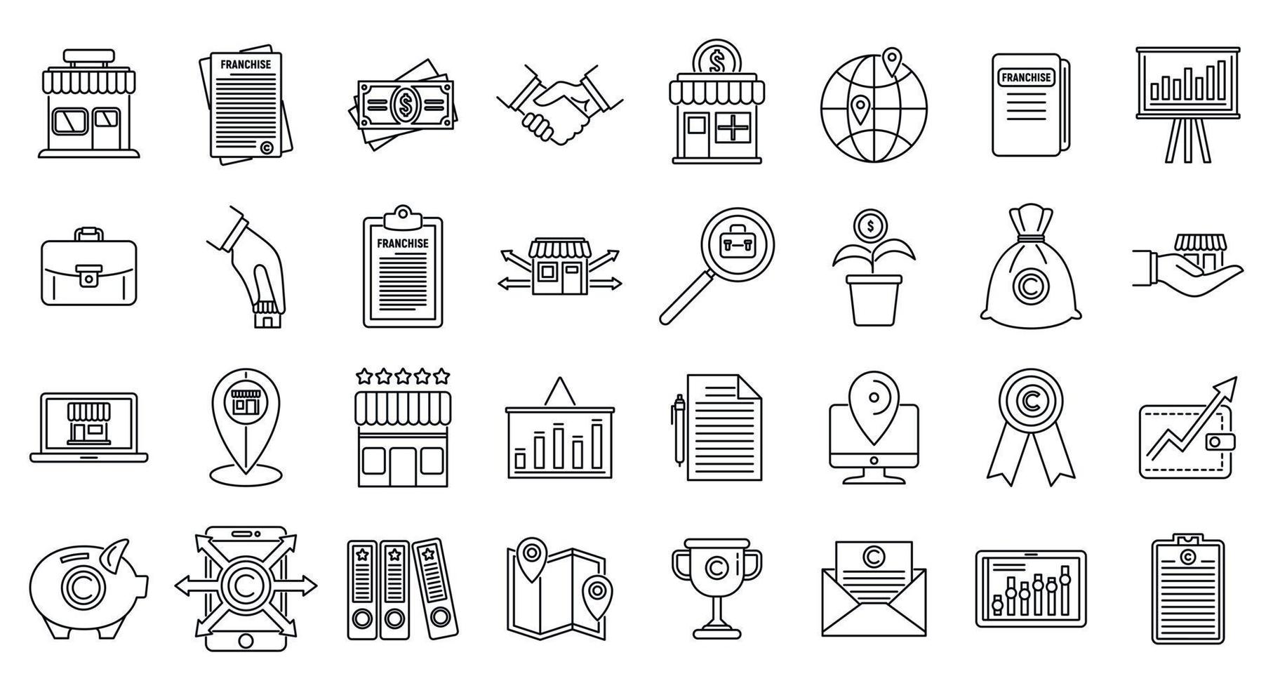 Franchise store icons set, outline style vector