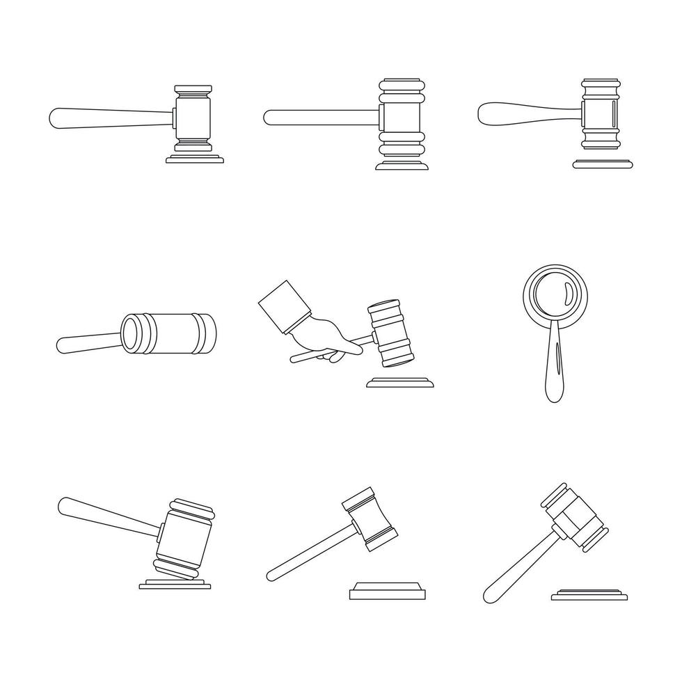 Judge hammer icons set, outline style vector