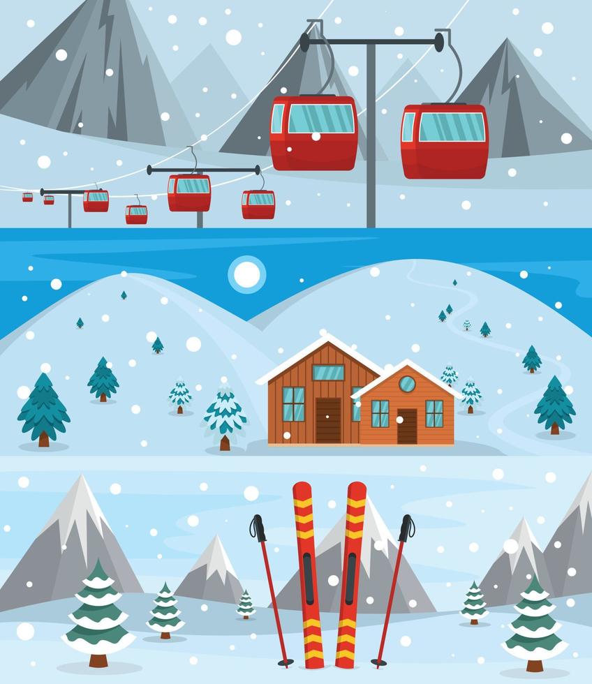 Resort hotel winter banner concept set, flat style vector