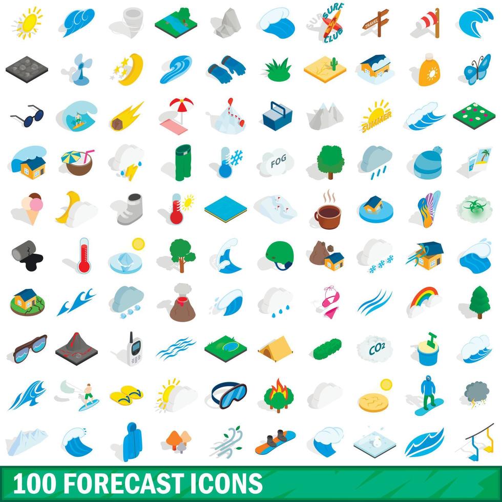 100 iconos de pronóstico establecidos, estilo 3d isométrico vector