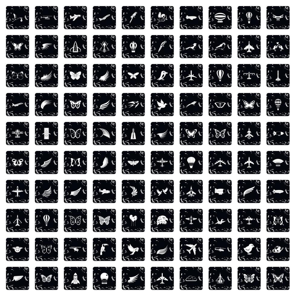 100 fly icons set, grunge style vector