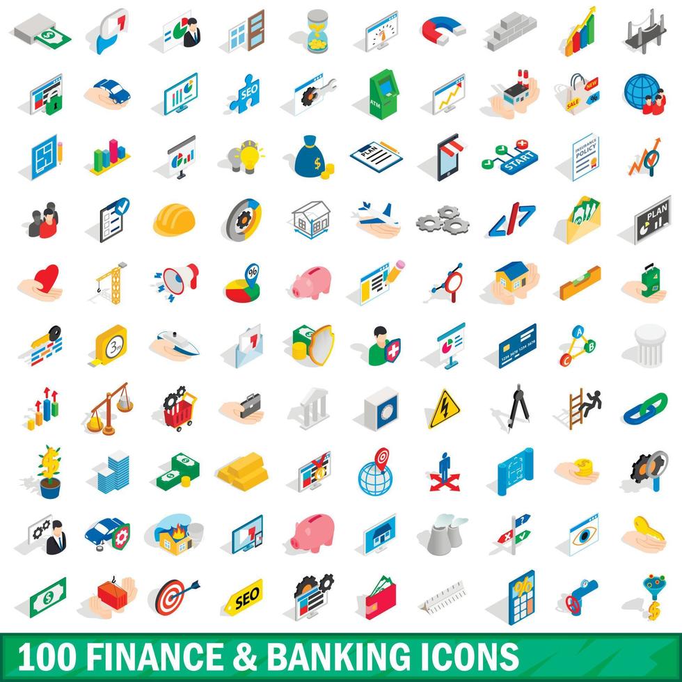 100 finance and banking icons set, isometric style vector