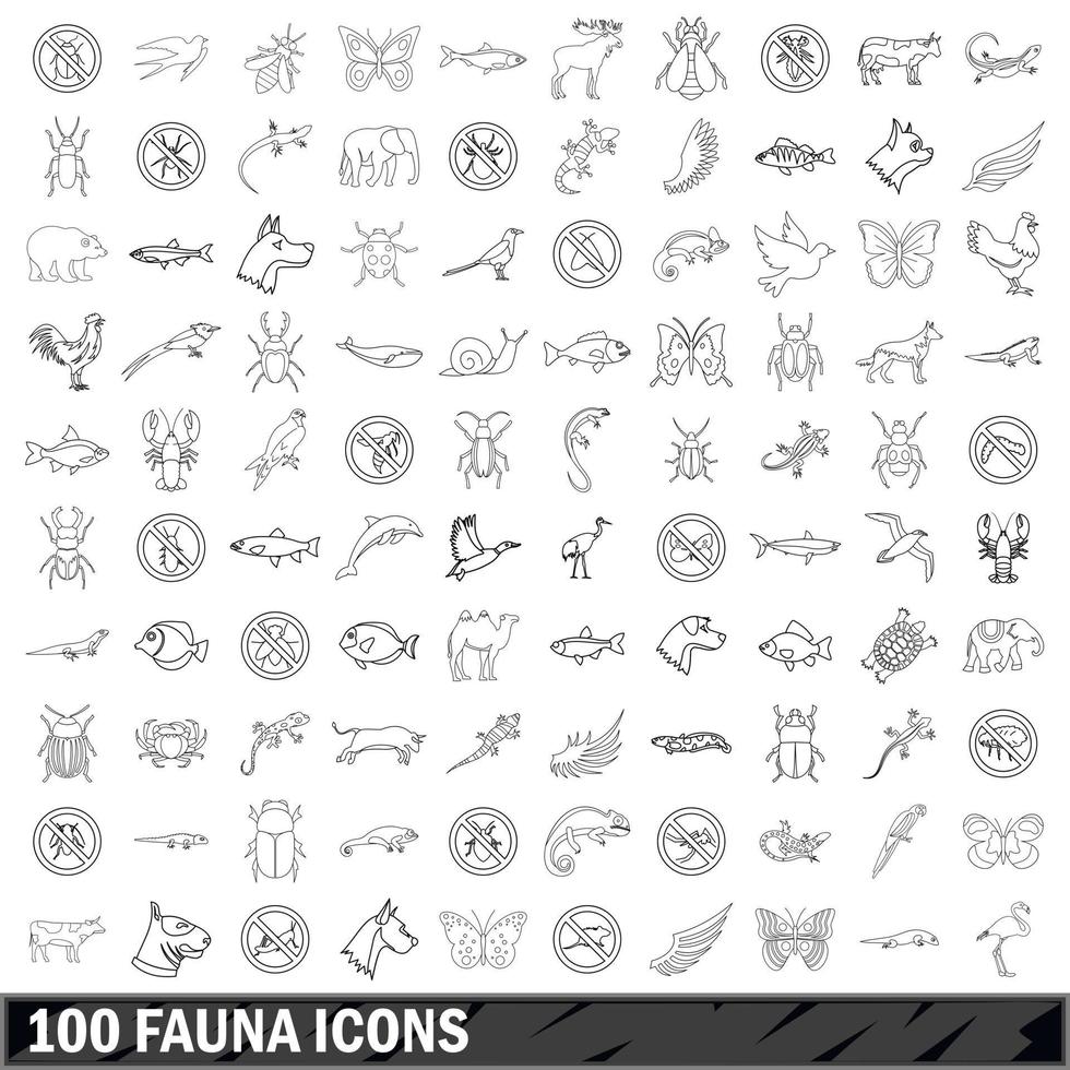 100 iconos de fauna, estilo de contorno vector