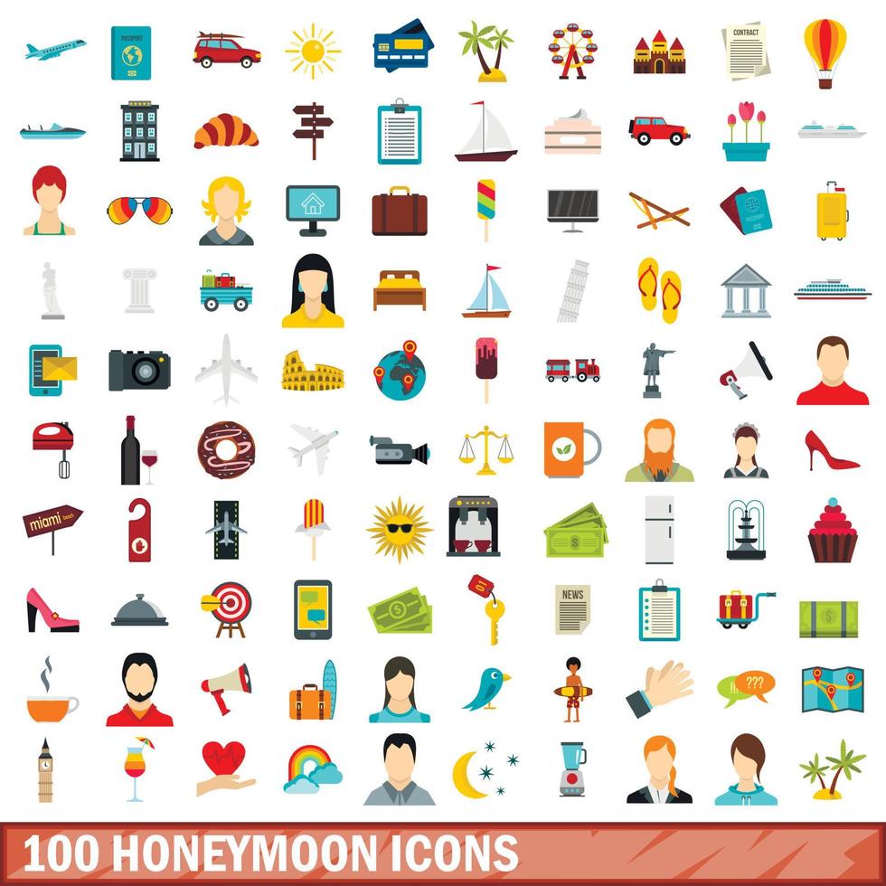 100 honeymoon icons set, flat style vector