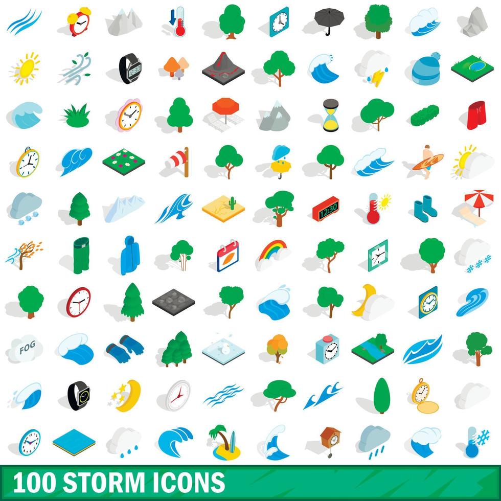 100 iconos de tormenta, estilo isométrico 3d vector