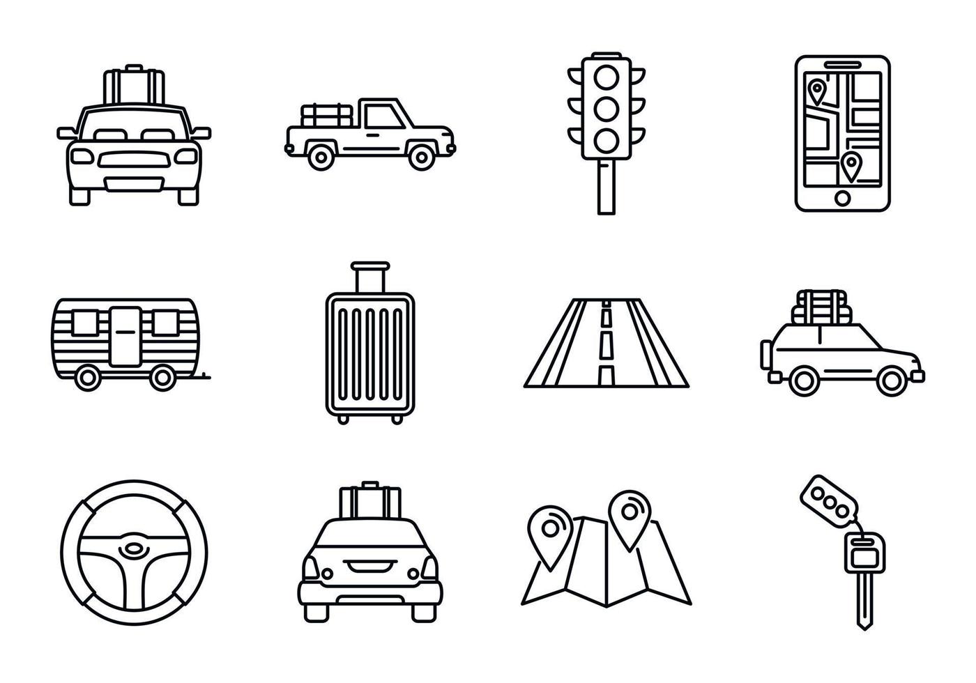 conjunto de iconos de viaje en coche por carretera, estilo de contorno vector