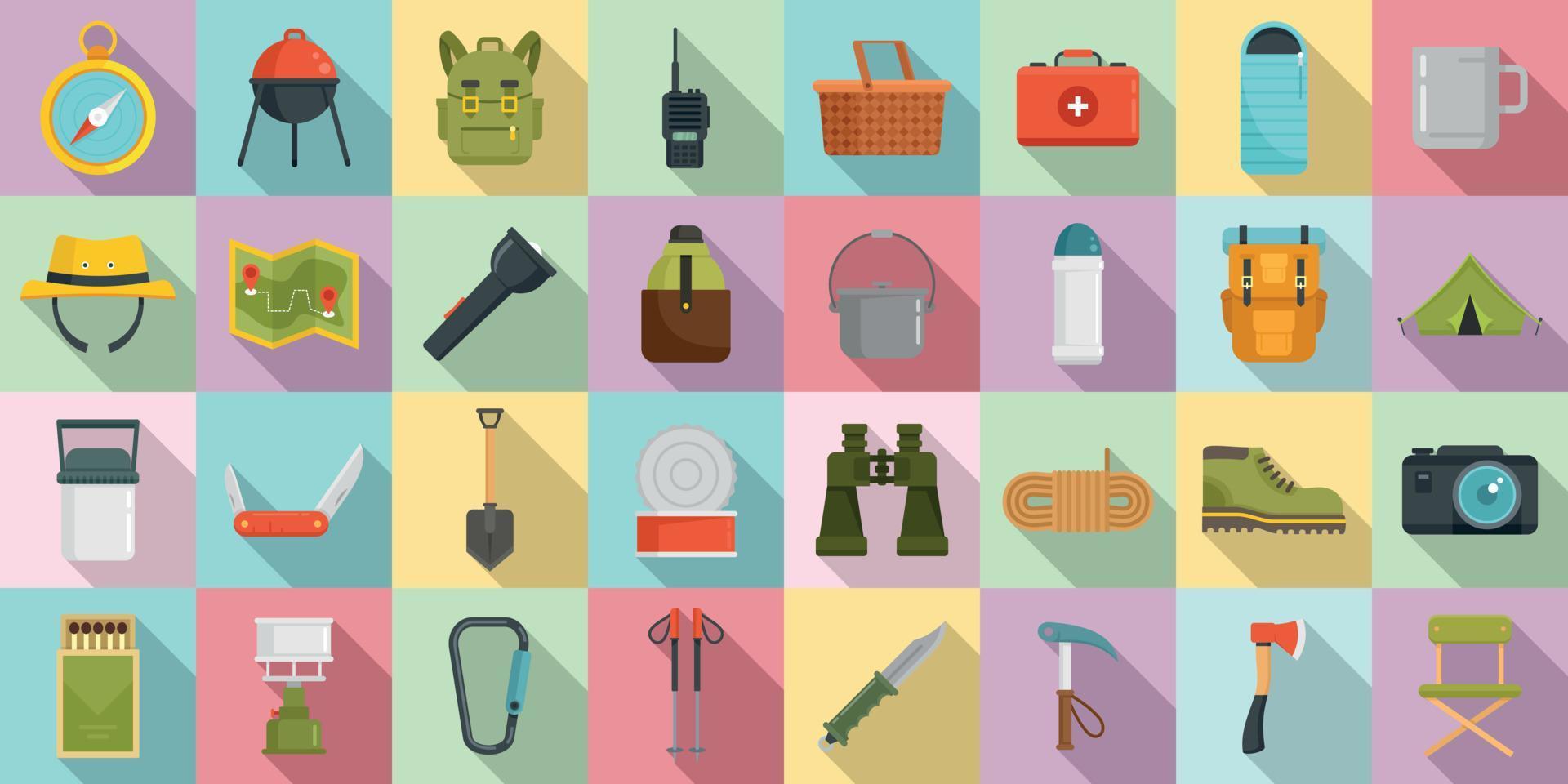 Hiking icons set, flat style vector