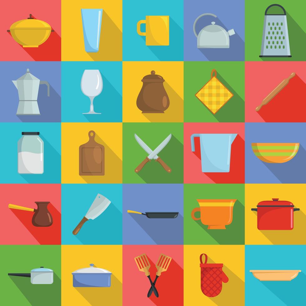 Kitchenware tools cook icons set, flat style vector