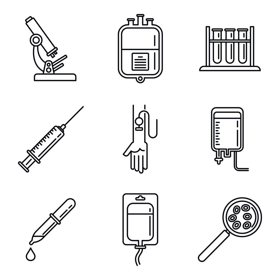 Blood transfusion donation icons set, outline style vector