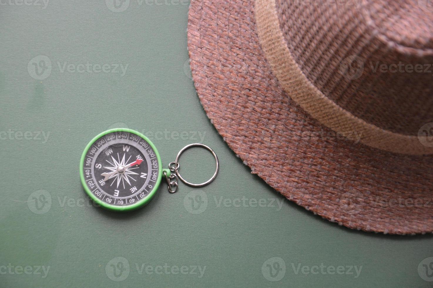 Hand compass for travel on the background of objects photo