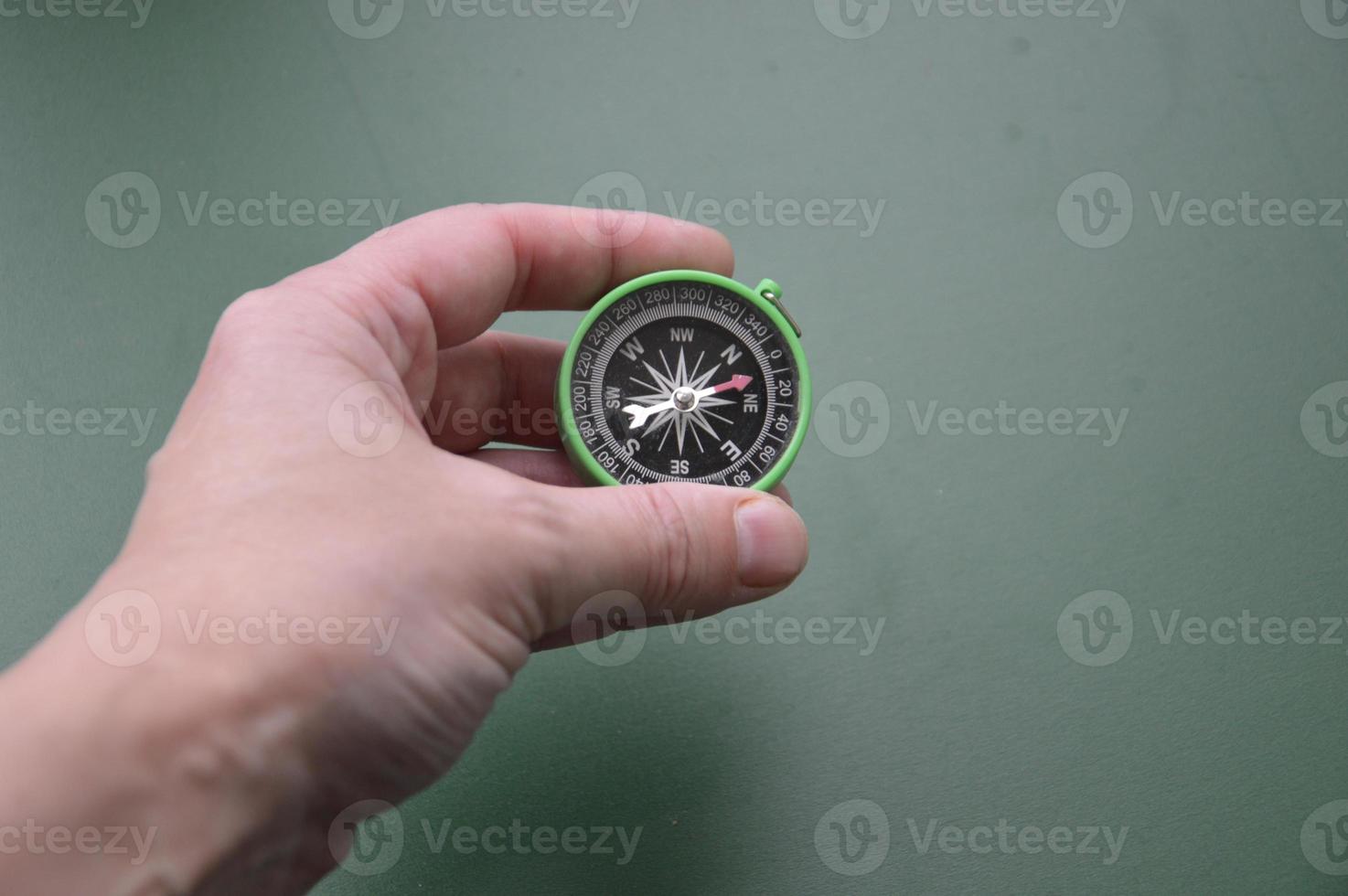 Hand compass for travel on the background of objects photo