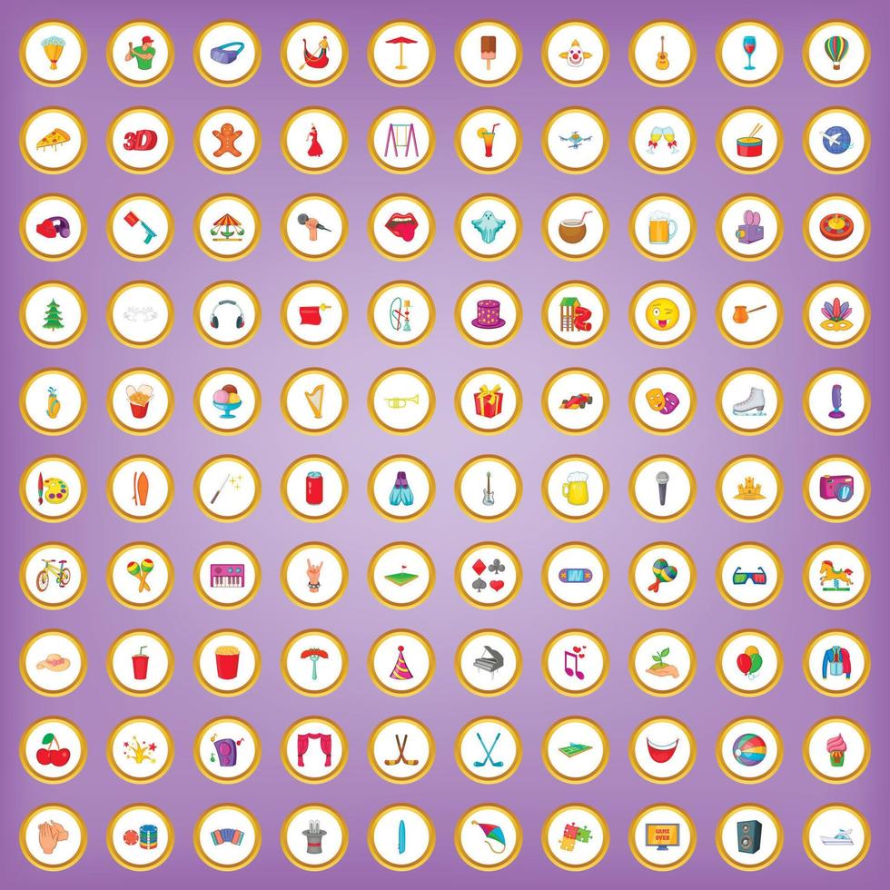 100 amusement icons set in cartoon style vector