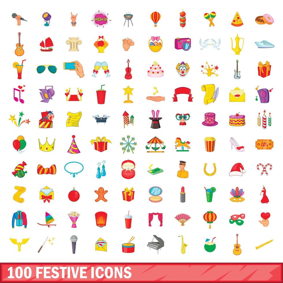 100 festive icons set, cartoon style vector