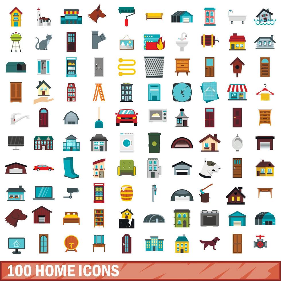 100 home icons set, flat style vector