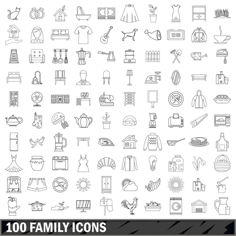 100 iconos familiares establecidos, estilo de contorno vector
