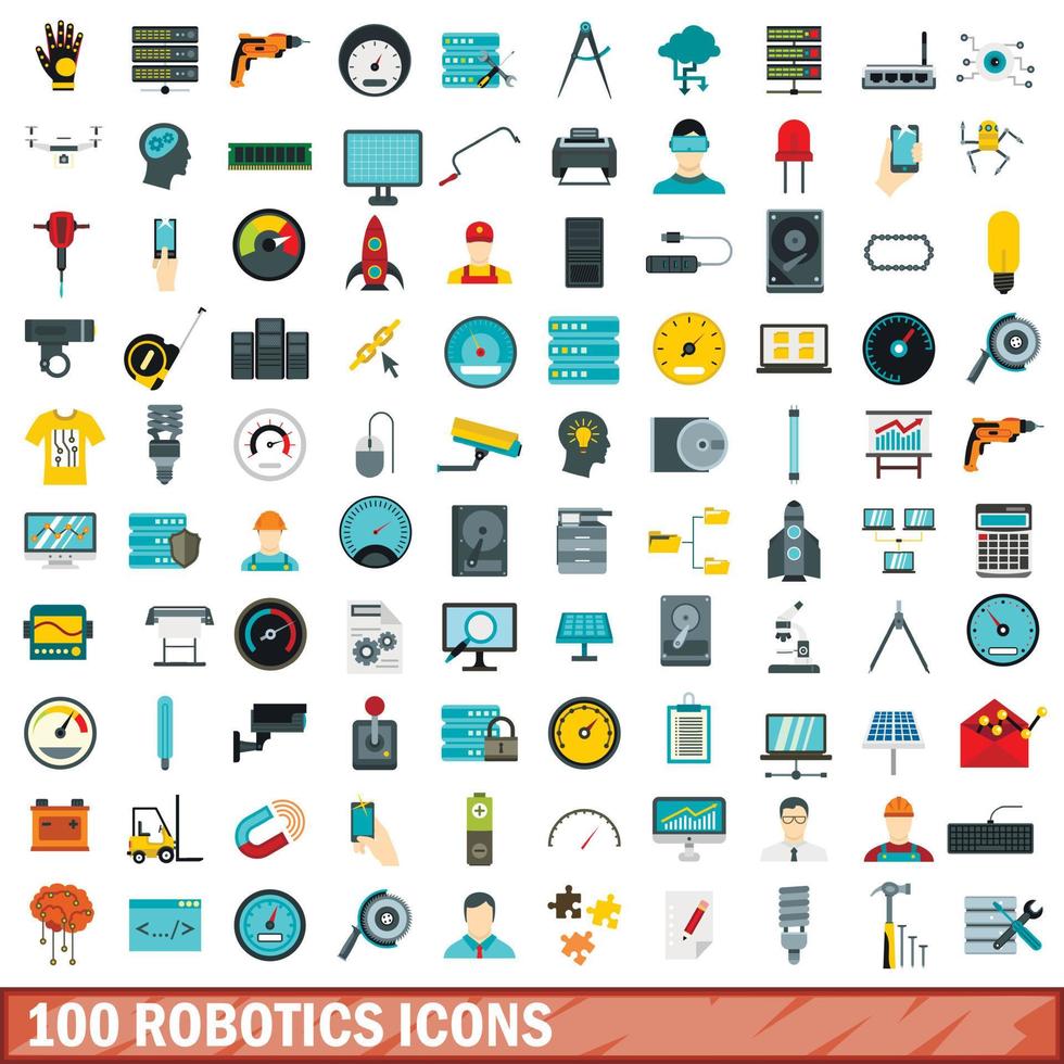 100 iconos de robótica, estilo plano vector